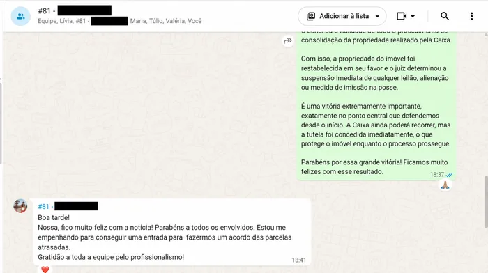 Print de cliente: “Gratidão a toda a equipe pelo profissionalismo!”