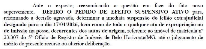 Trecho de decisão judicial: Leilão suspenso em recurso