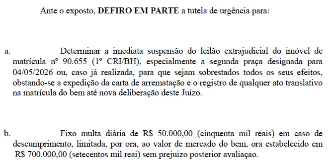 Trecho de decisão judicial: Leilão extrajudicial suspenso por decisão liminar
