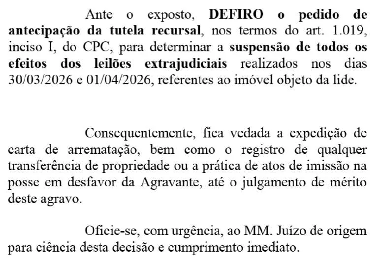 Trecho de decisão judicial: Efeitos de leilões já realizados suspensos